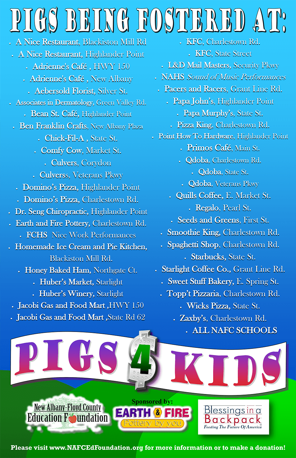Colorful poster with list of locations for the pigs. Contact Tyler Bliss for list if aid is needed.