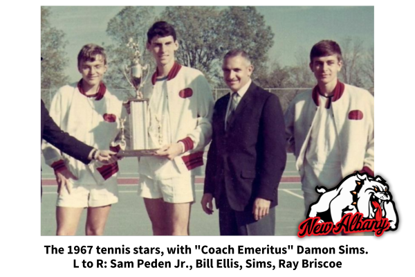 The 1967 tennis stars, with "Coach Emeritus" Damon Sims. 
L to R: Sam Peden Jr., Bill Ellis, Sims, Ray Briscoe