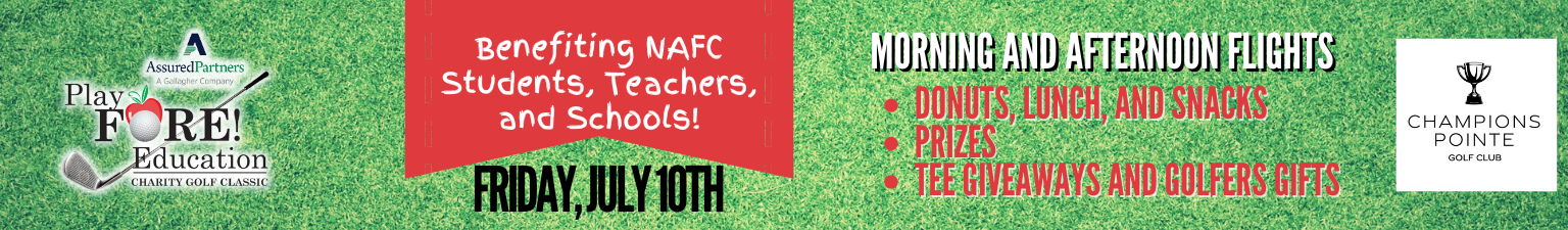 Grass-textured banner for a charity golf event. Left: Play For Education logo; center: red panel with 'Benefiting NAFC Students, Teachers, and Schools!' and date; right: event bullets and Champions Pointe Golf Club logo.